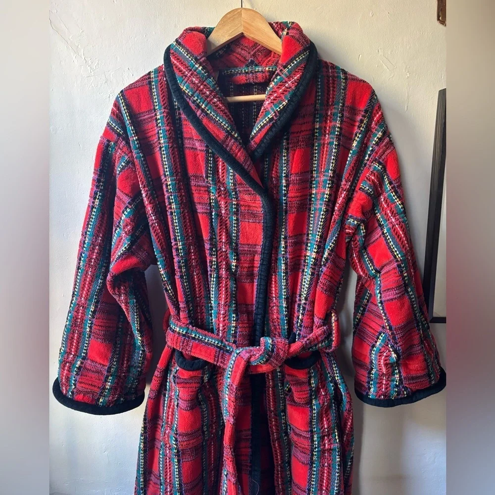 Vintage Red Plaid Terrycloth Robe with Belt